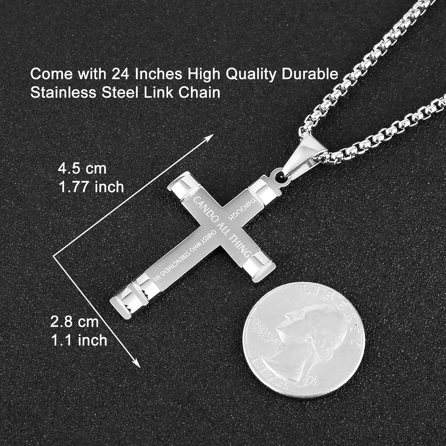 HZMAN Philippians 4:13 Cross Pendant Necklace - Strength Bible Verse in Stainless Steel, Available in Three Colors