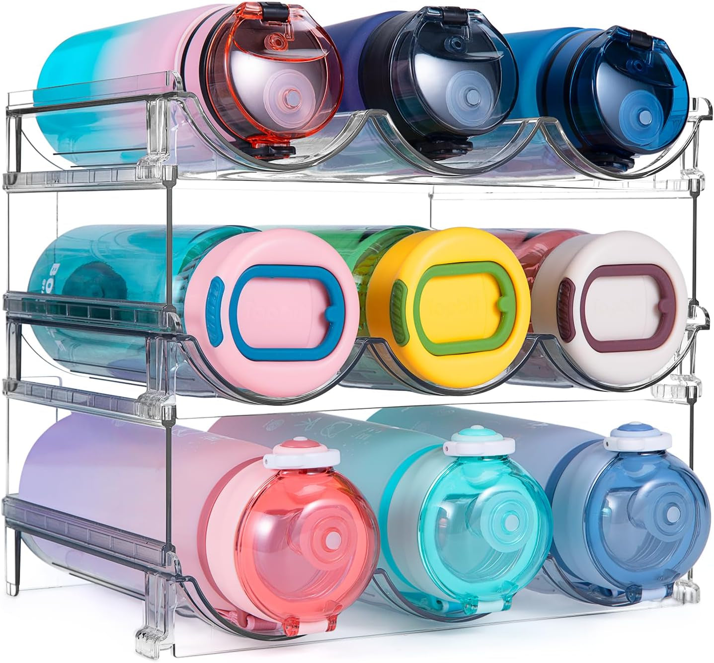 Water Bottle Storage Organizer - Set of 3 Plastic Racks for Cabinet, Fridge, and Desktop