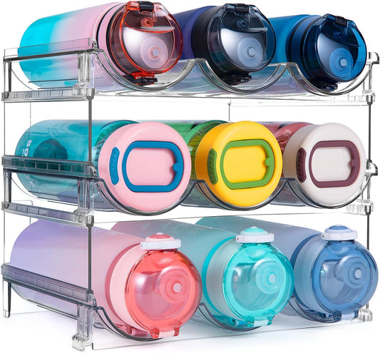 Water Bottle Storage Organizer - Set of 3 Plastic Racks for Cabinet, Fridge, and Desktop