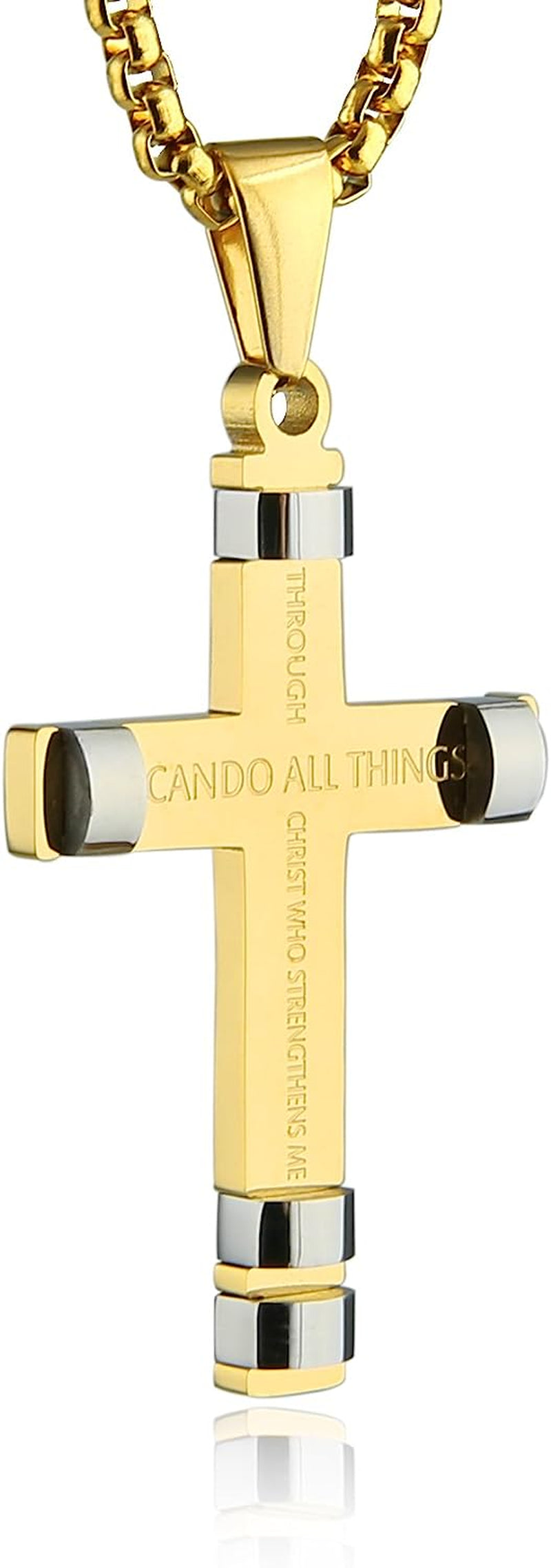 HZMAN Philippians 4:13 Cross Pendant Necklace - Strength Bible Verse in Stainless Steel, Available in Three Colors