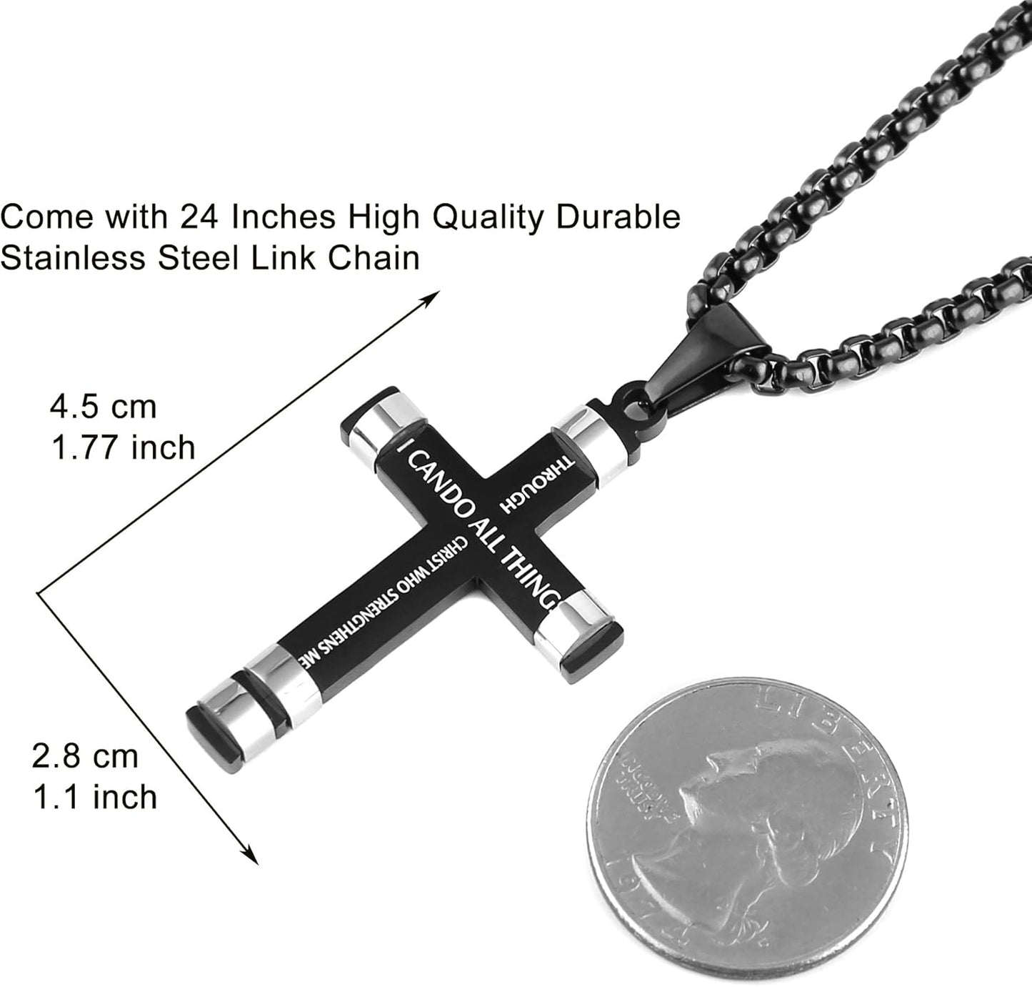 HZMAN Philippians 4:13 Cross Pendant Necklace - Strength Bible Verse in Stainless Steel, Available in Three Colors