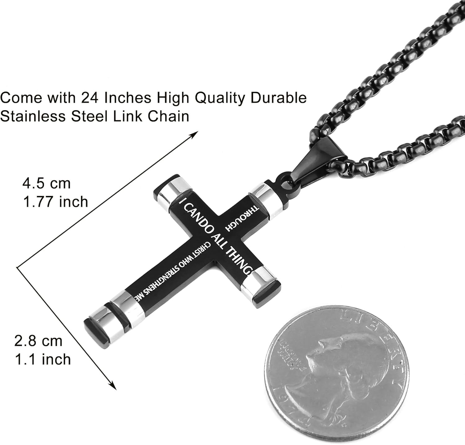 HZMAN Philippians 4:13 Cross Pendant Necklace - Strength Bible Verse in Stainless Steel, Available in Three Colors