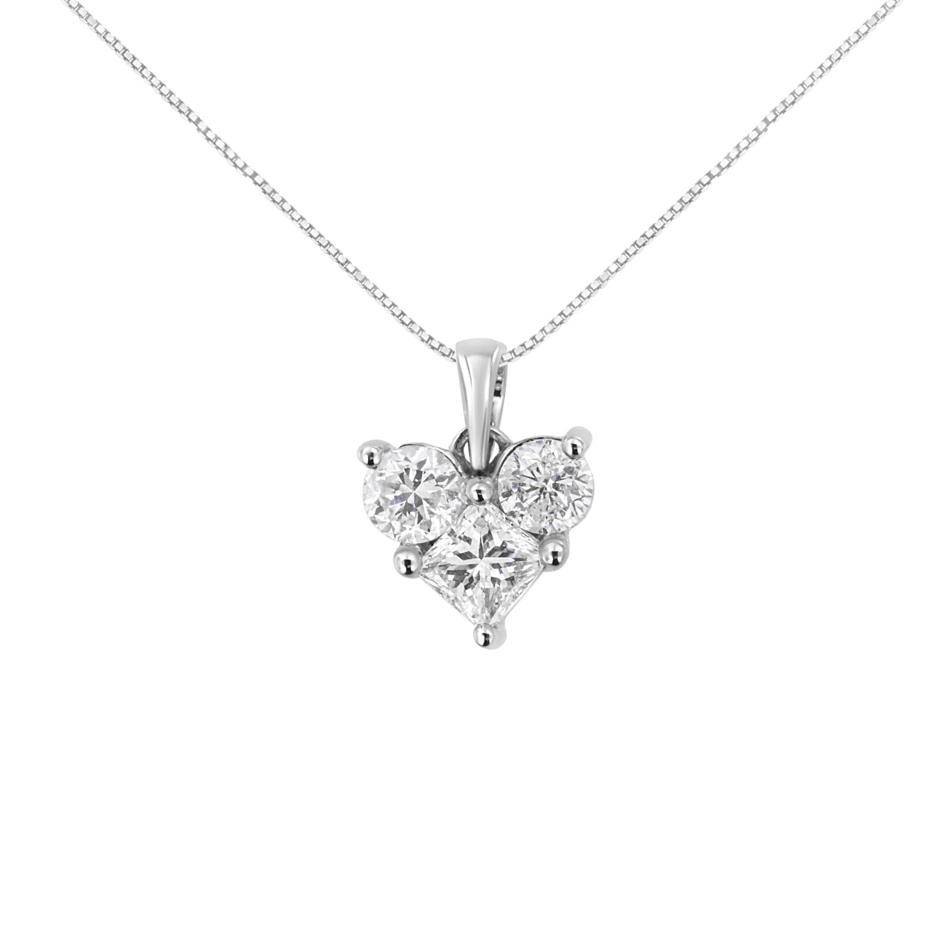 10K White Gold 1.0 Cttw Round - Cut and Princess - Cut Diamond Heart Pendant Necklace - Inside The Bars