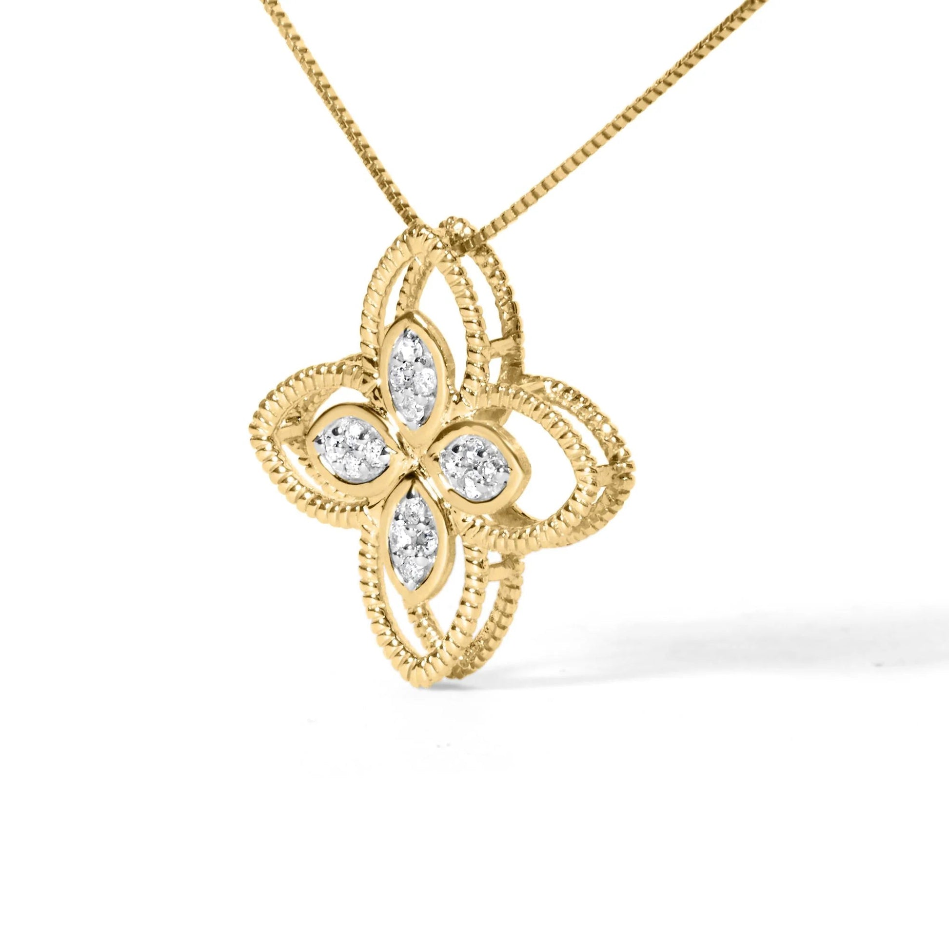 10K Yellow Gold 1/10 Cttw Diamond Floral Motif Pendant Necklace - Inside The Bars