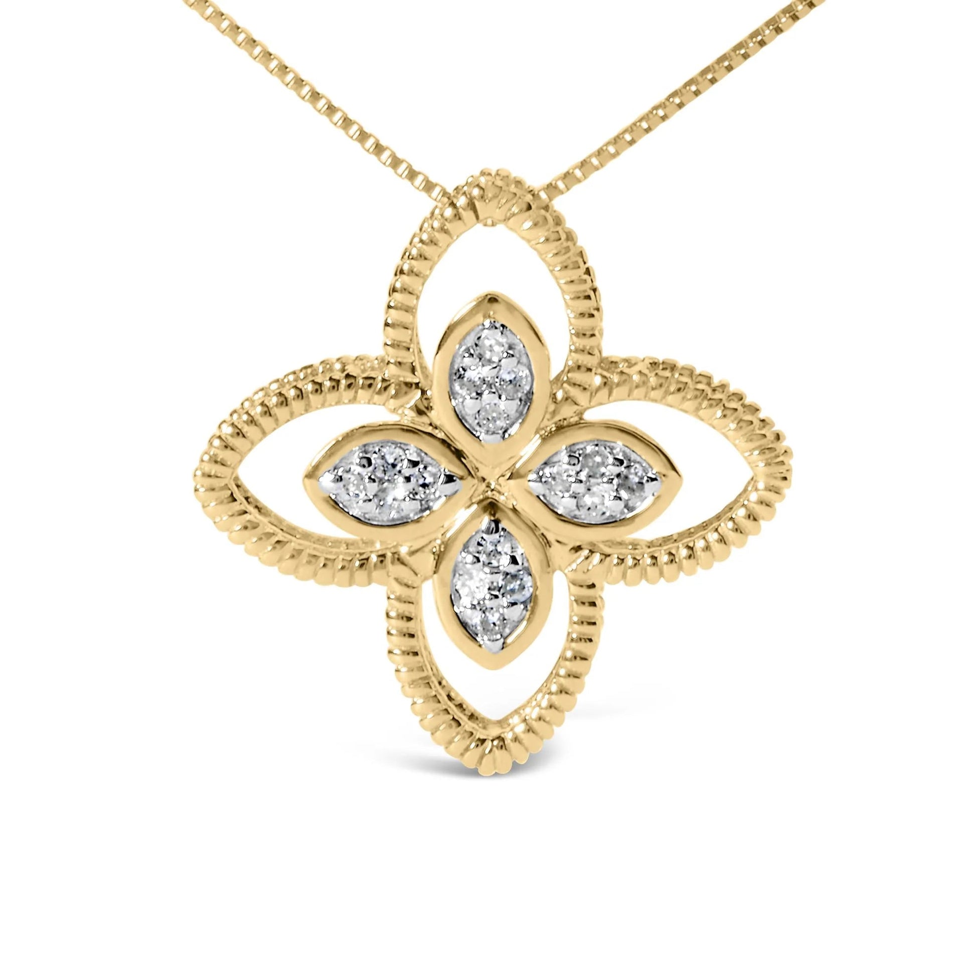 10K Yellow Gold 1/10 Cttw Diamond Floral Motif Pendant Necklace - Inside The Bars