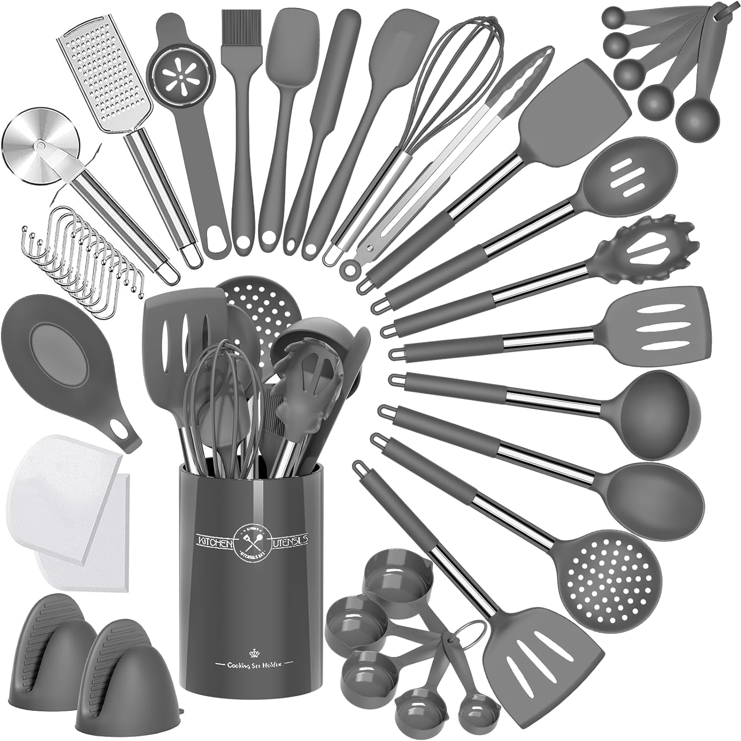Umite Chef 43-Piece Silicone Cooking Utensil Set with Rose Gold Stainless Steel Handles - Non-Stick and Heat Resistant Cookware Set (Black)