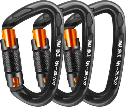 25kN Auto-Locking D-Shaped Carabiner Clips - Heavy Duty Large Locking Carabiners for Rock and Ice Climbing, Rappelling, Rescue, and Swinging Activities