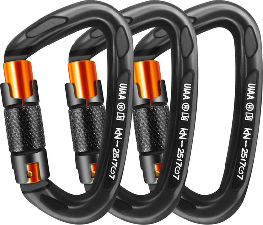 25kN Auto-Locking D-Shaped Carabiner Clips - Heavy Duty Large Locking Carabiners for Rock and Ice Climbing, Rappelling, Rescue, and Swinging Activities
