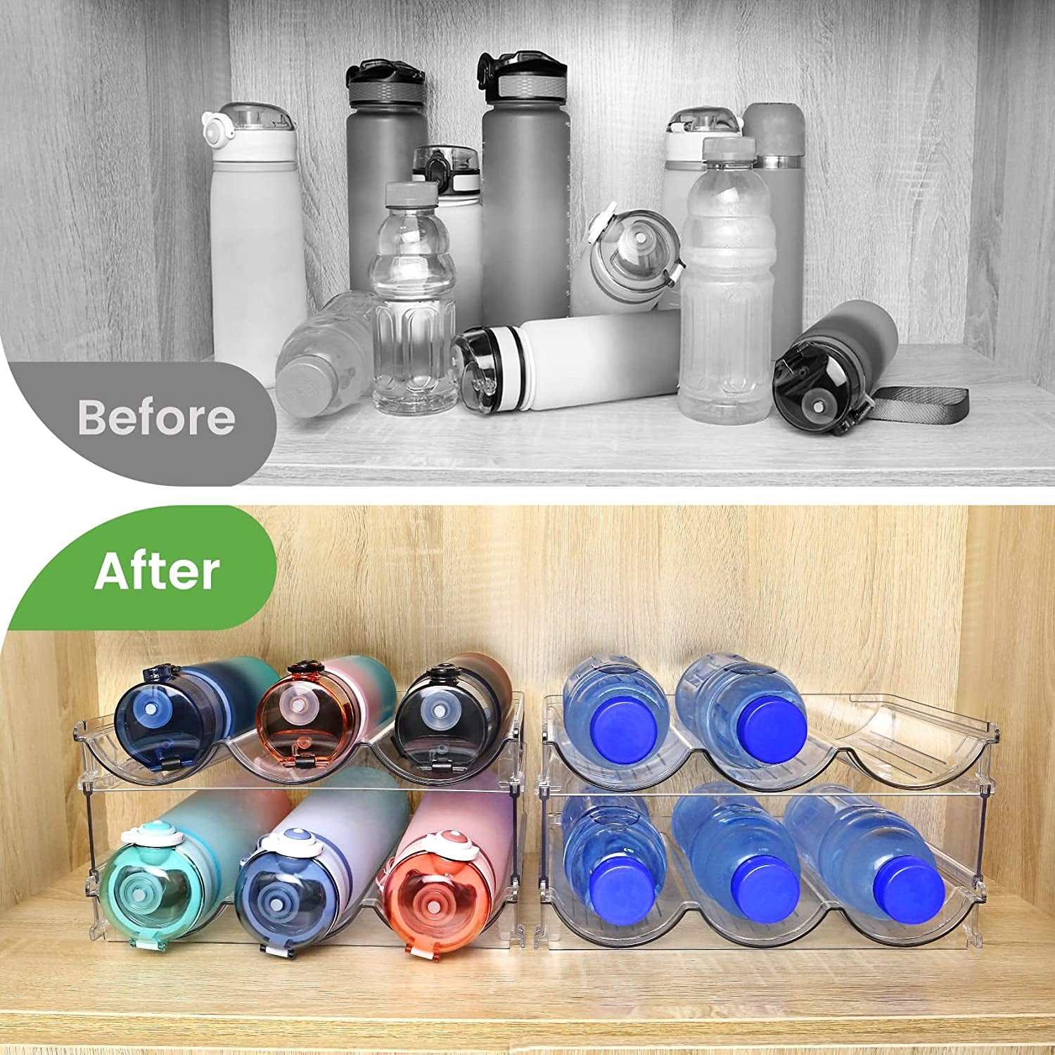 Water Bottle Cabinet Organizer - Set of 2 Stackable Storage Racks