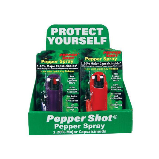 12 Pepper Shot 1.2% MC PS - HALO Self - Defense Spray Set with Counter Display (3 Black, 2 Blue, 2 Red, 3 Pink, 2 Purple) - Inside The Bars