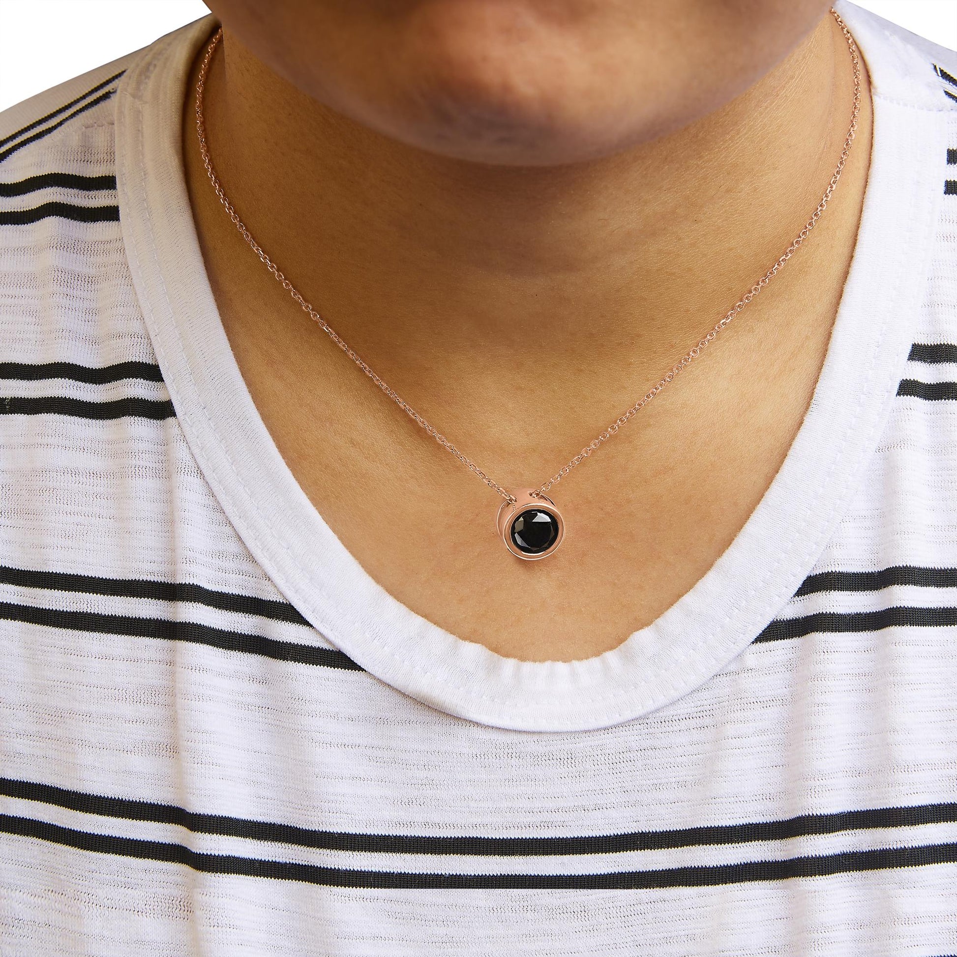 14K Rose Gold Bezel - Set Black Round Diamond Solitaire Pendant Necklace - 18 Inches - Inside The Bars
