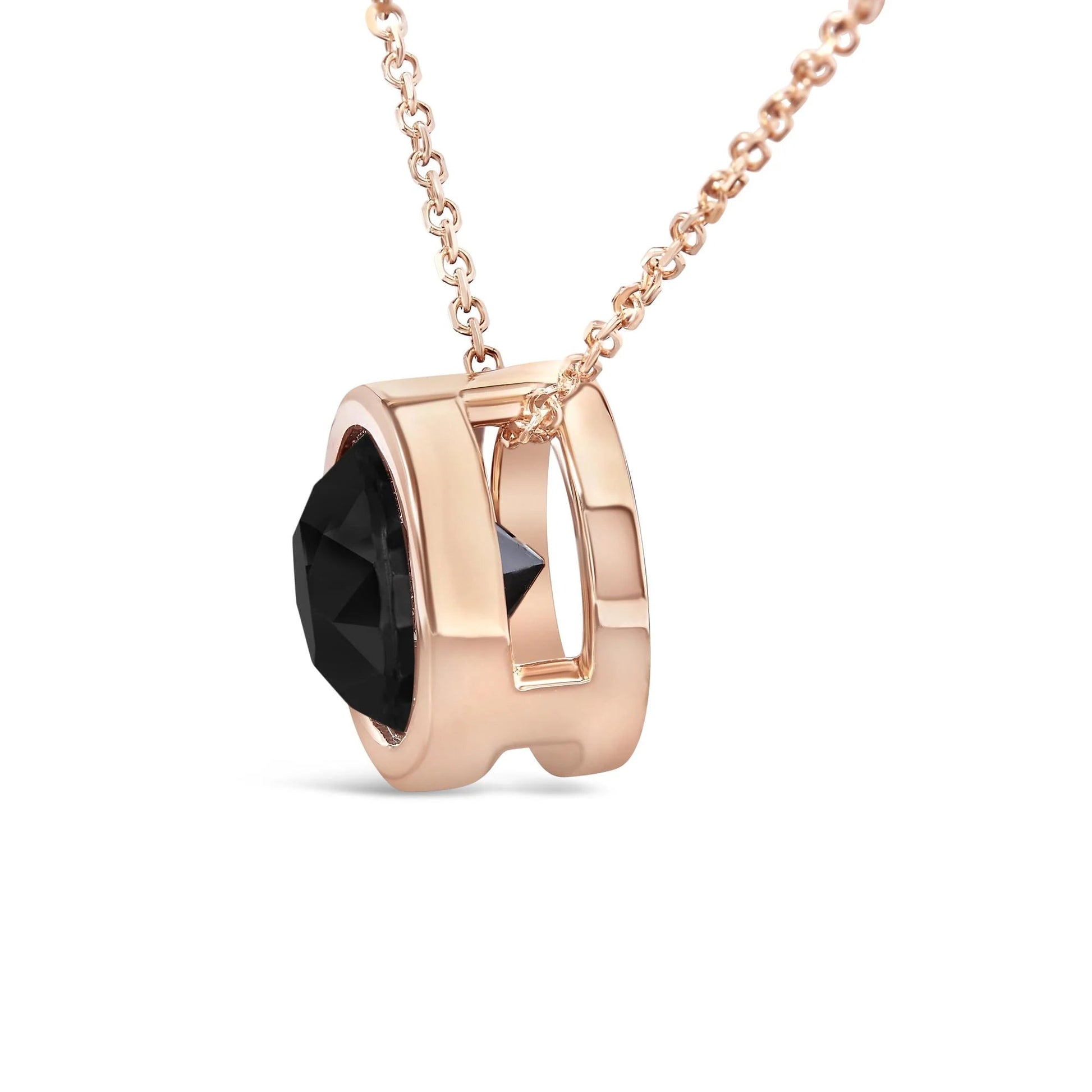 14K Rose Gold Bezel - Set Black Round Diamond Solitaire Pendant Necklace - 18 Inches - Inside The Bars