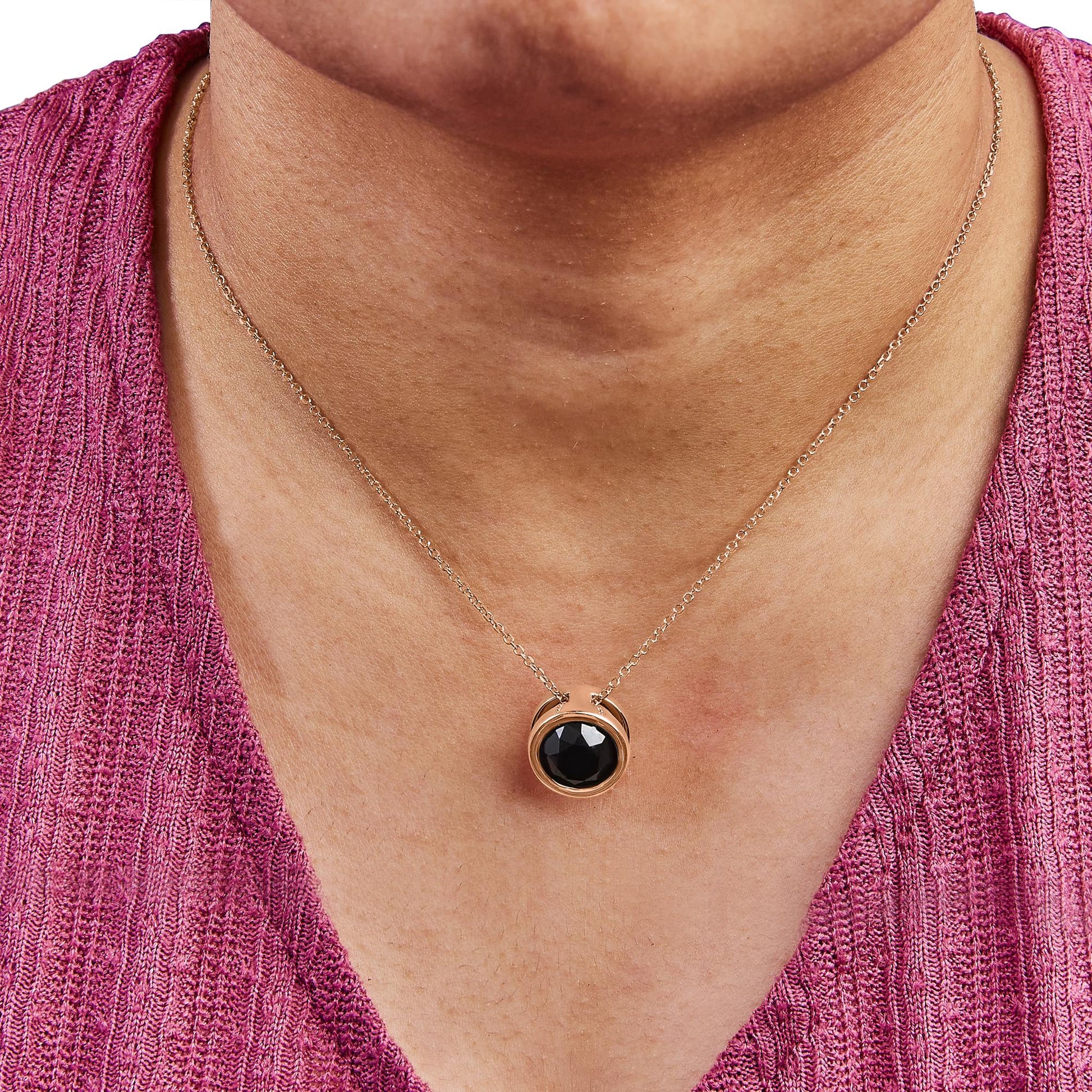 14K Rose Gold Bezel - Set Black Round Diamond Solitaire Pendant Necklace - 18 Inches - Inside The Bars