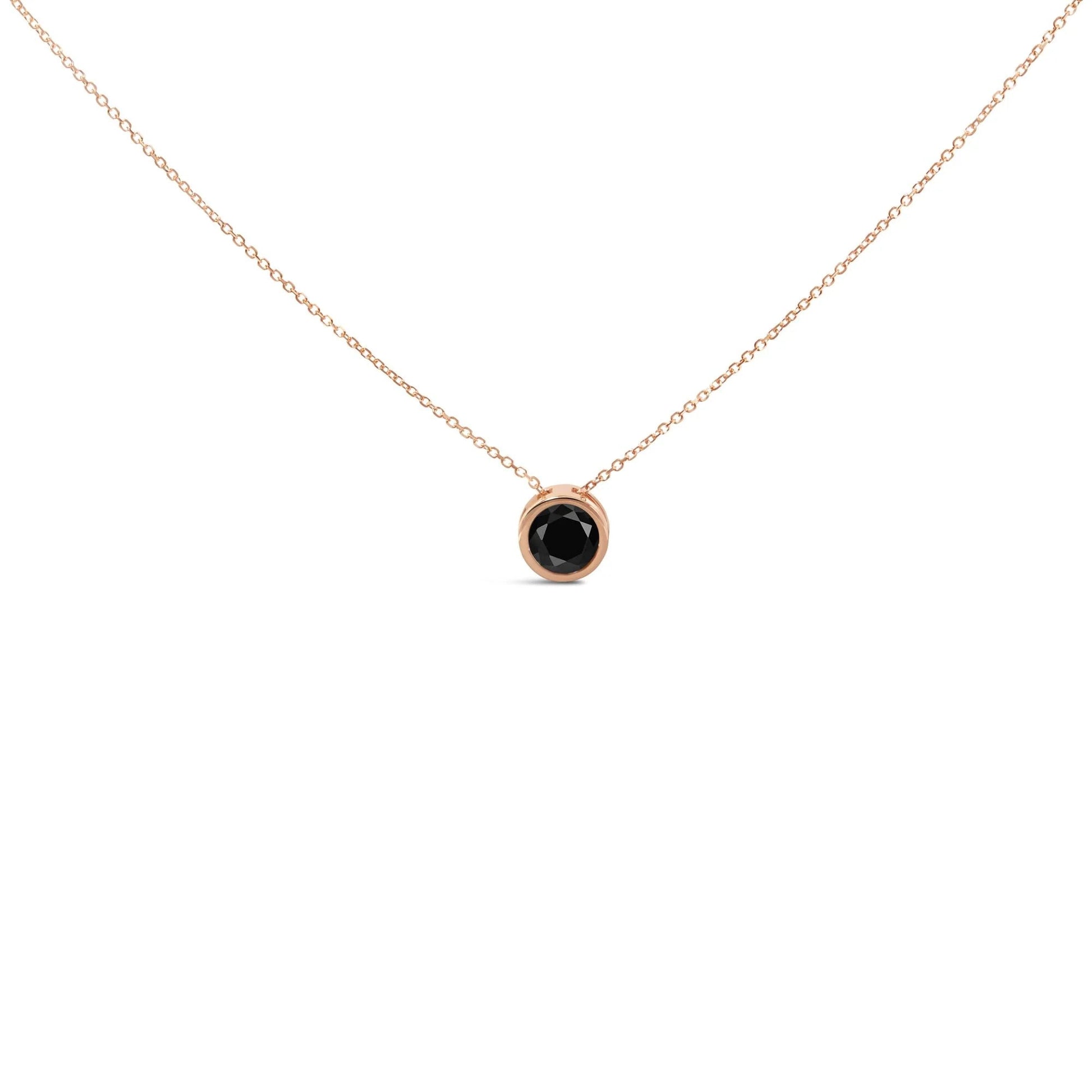 14K Rose Gold Bezel - Set Black Round Diamond Solitaire Pendant Necklace - 18 Inches - Inside The Bars