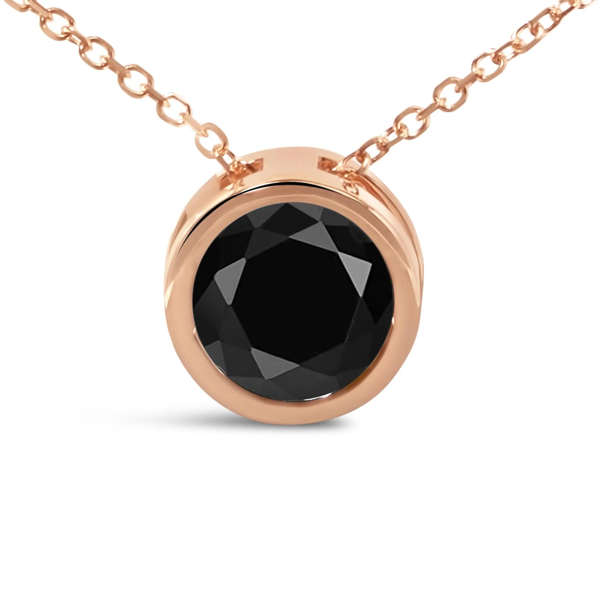 14K Rose Gold Bezel - Set Black Round Diamond Solitaire Pendant Necklace - 18 Inches - Inside The Bars