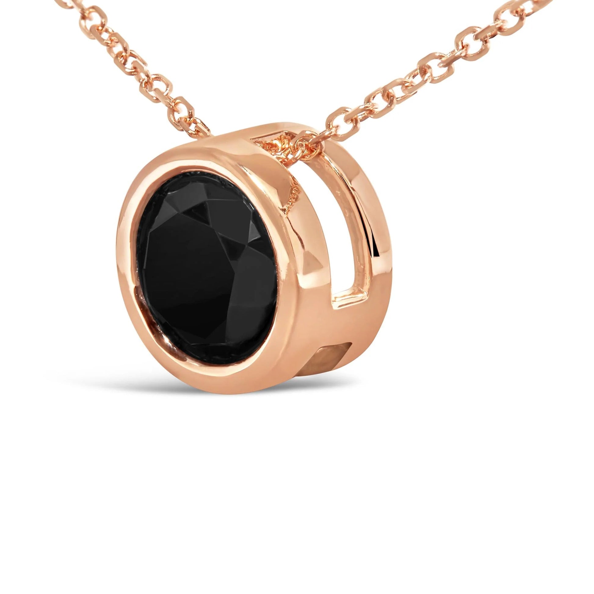 14K Rose Gold Bezel - Set Black Round Diamond Solitaire Pendant Necklace - 18 Inches - Inside The Bars
