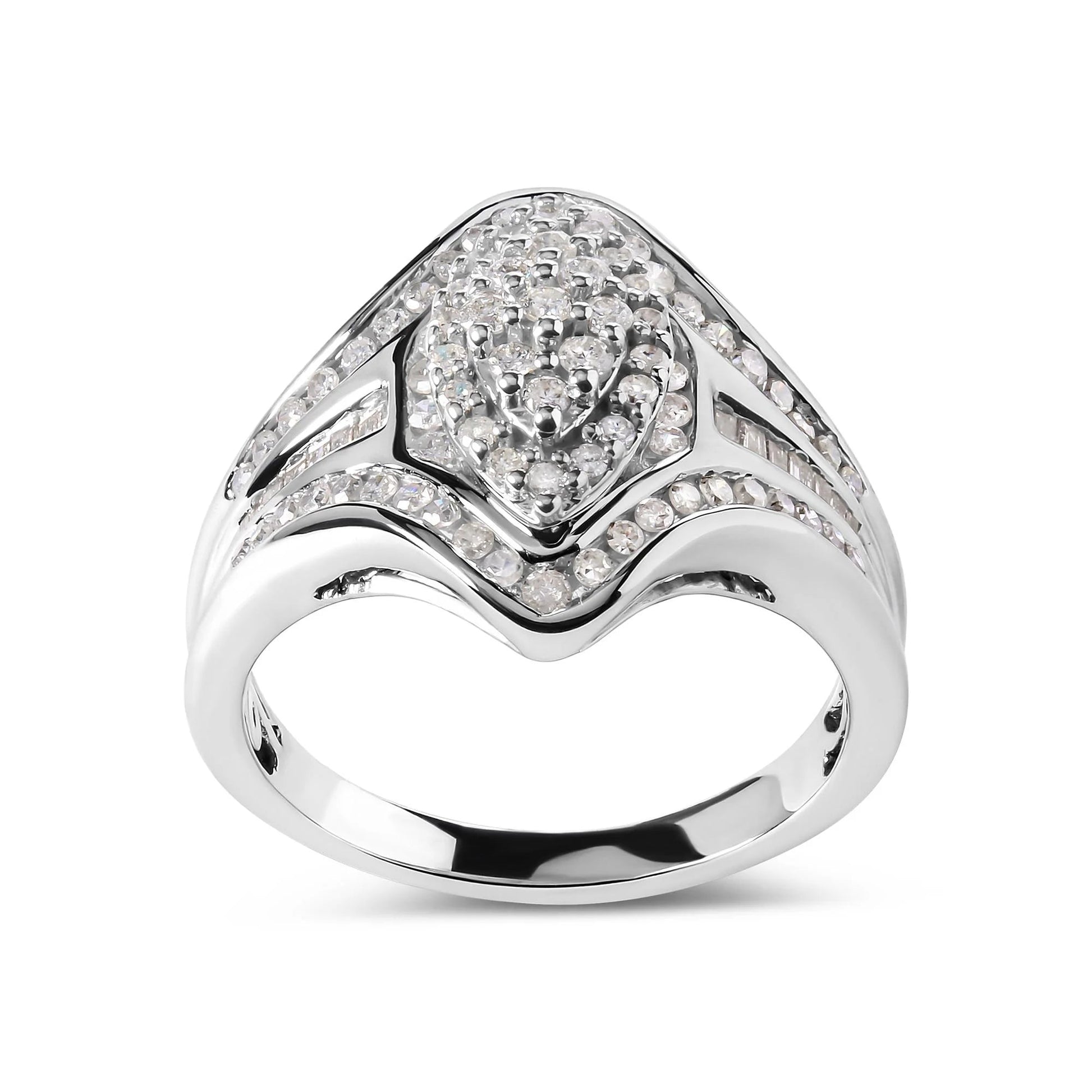 14K White Gold 3/4 Cttw Round and Baguette Cut Diamond Cluster Ring - Inside The Bars