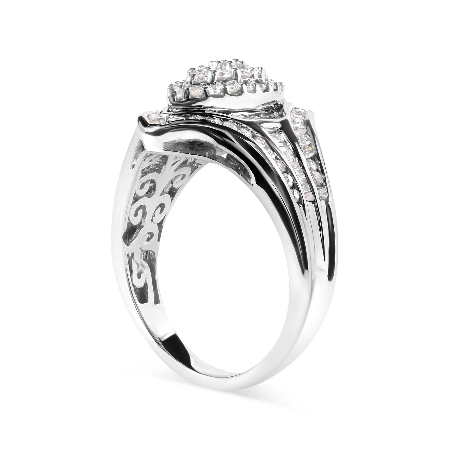 14K White Gold 3/4 Cttw Round and Baguette Cut Diamond Cluster Ring - Inside The Bars