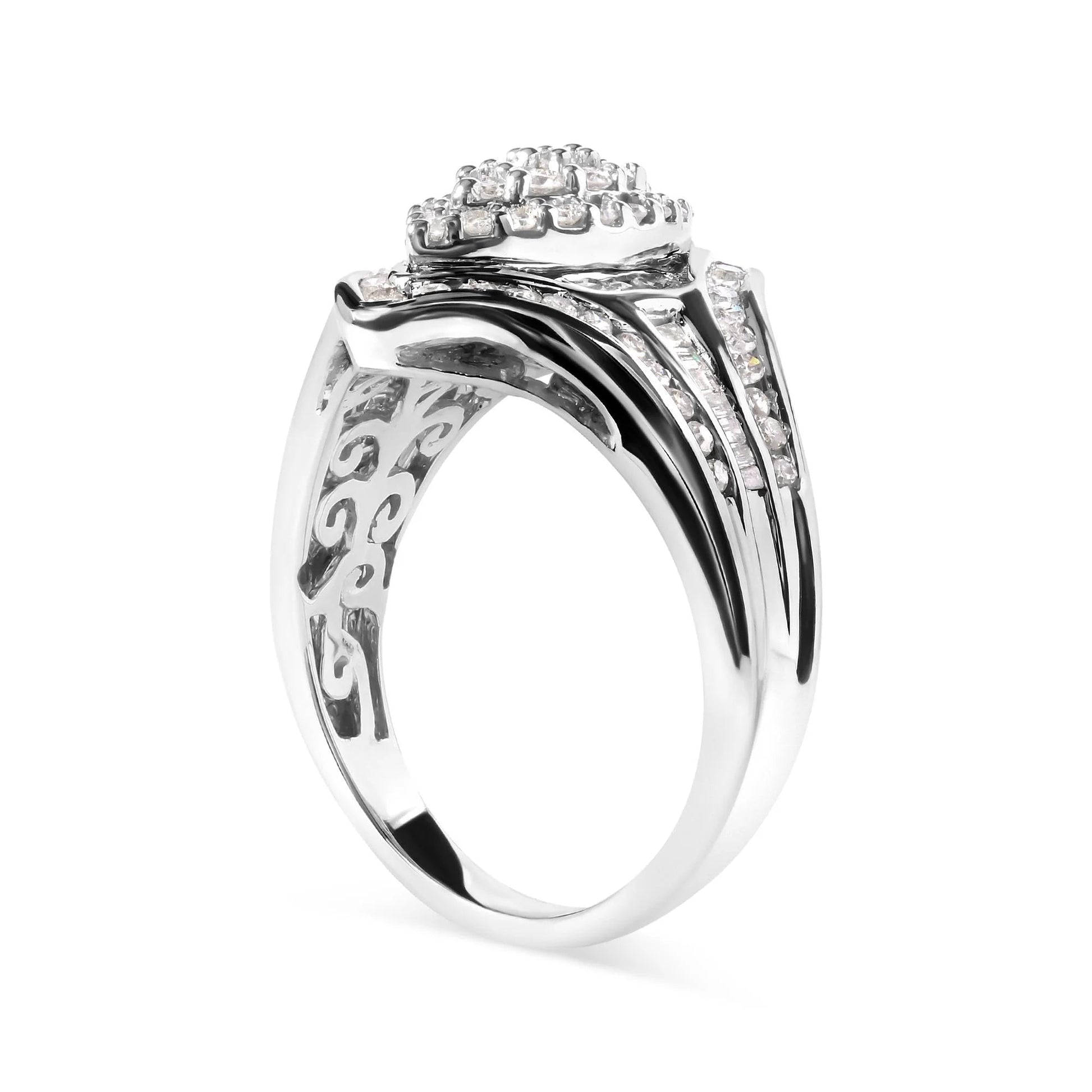 14K White Gold 3/4 Cttw Round and Baguette Cut Diamond Cluster Ring - Inside The Bars