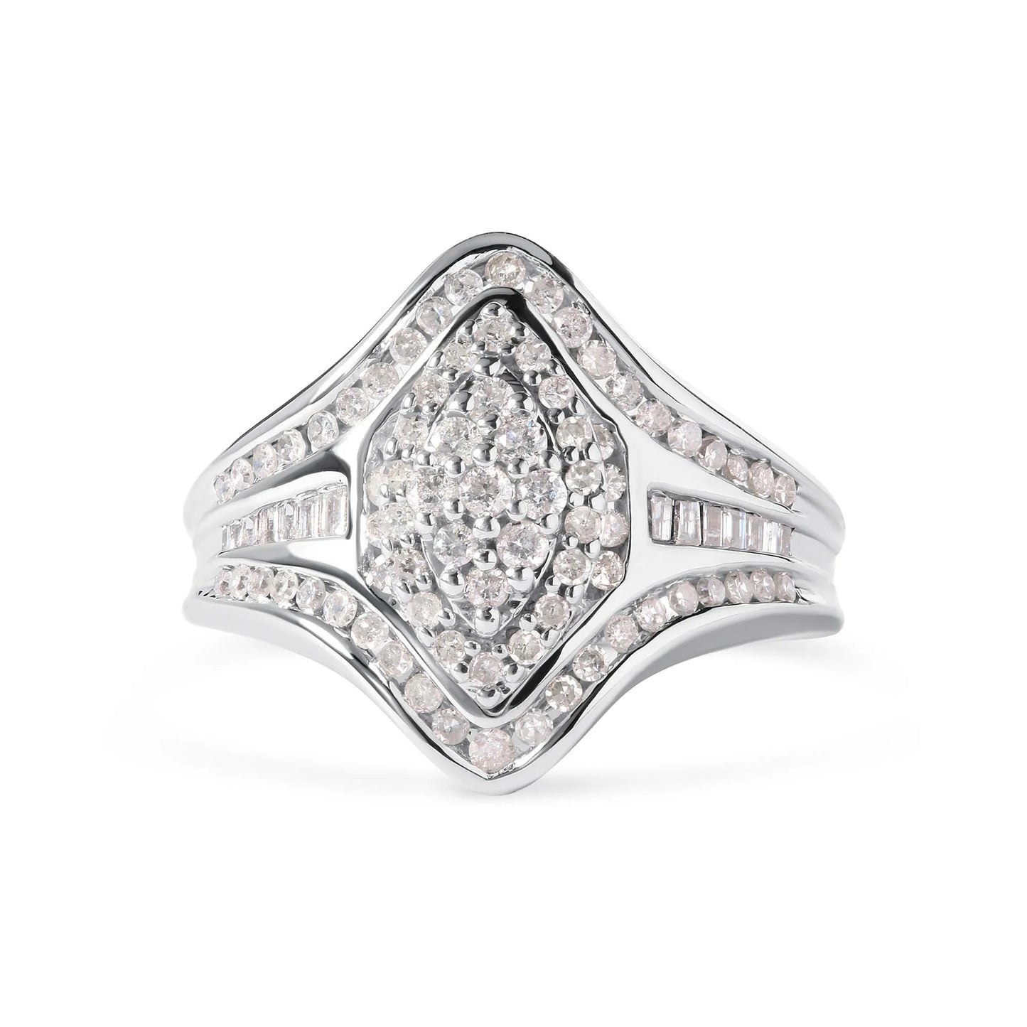 14K White Gold 3/4 Cttw Round and Baguette Cut Diamond Cluster Ring - Inside The Bars