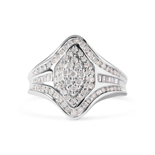 14K White Gold 3/4 Cttw Round and Baguette Cut Diamond Cluster Ring - Inside The Bars
