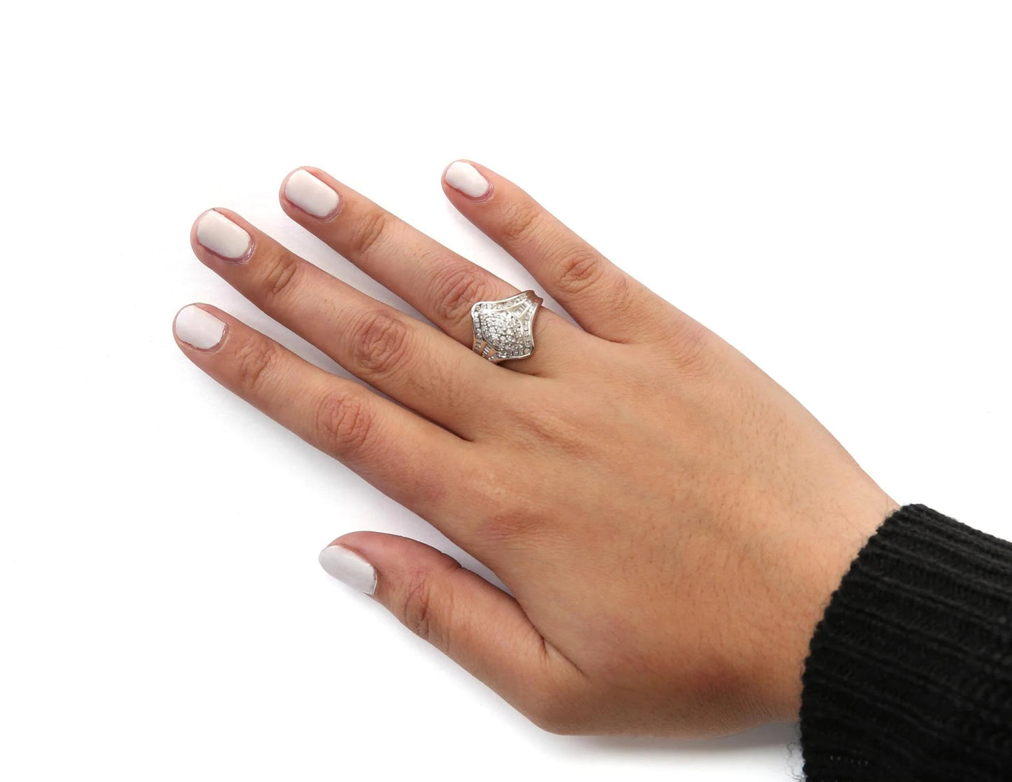 14K White Gold 3/4 Cttw Round and Baguette Cut Diamond Cluster Ring - Inside The Bars