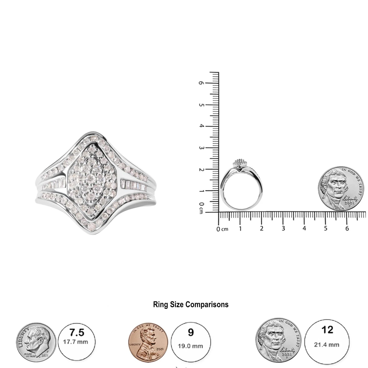 14K White Gold 3/4 Cttw Round and Baguette Cut Diamond Cluster Ring - Inside The Bars