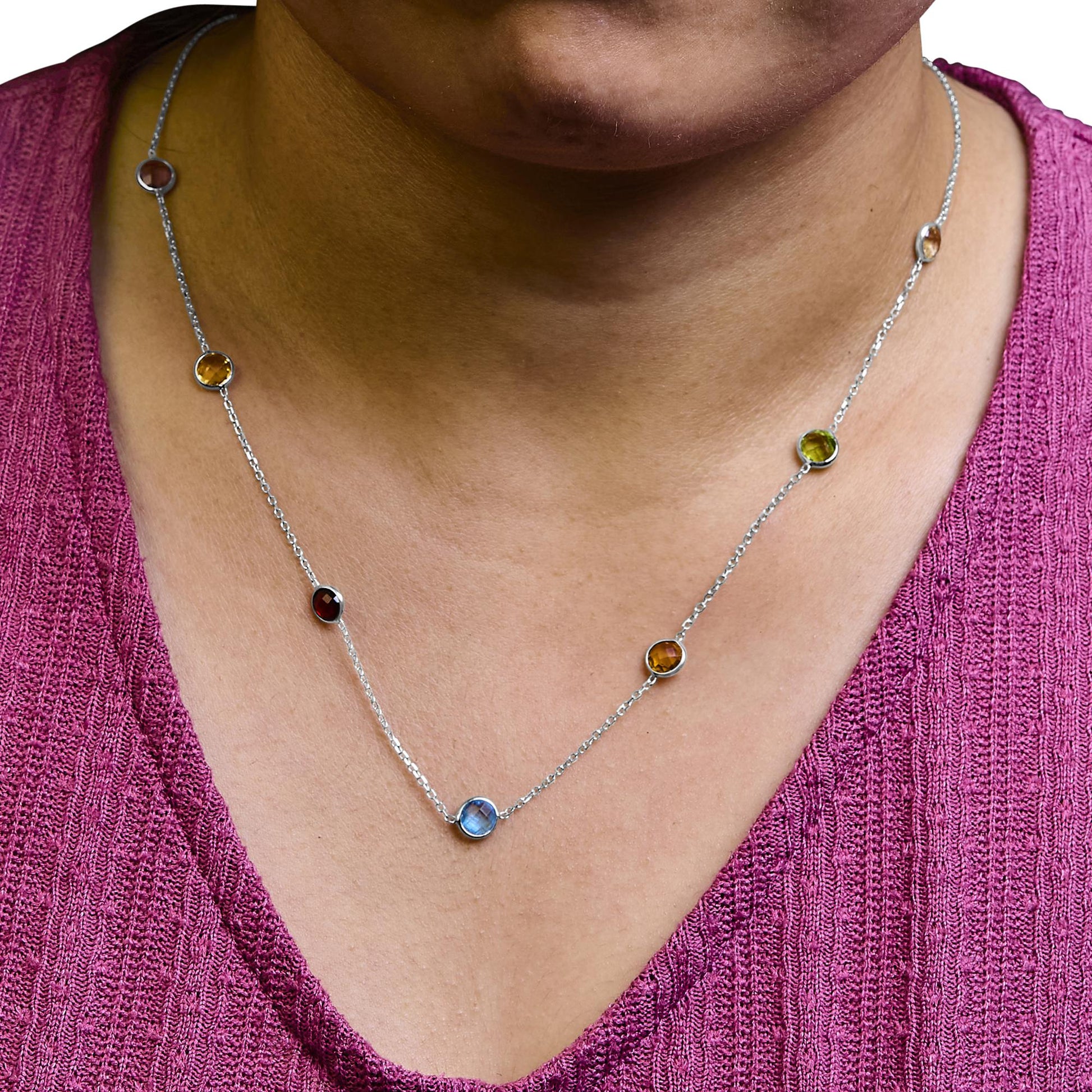 14K White Gold Bezel Set Mixed Gemstone 7 Station Necklace - Inside The Bars