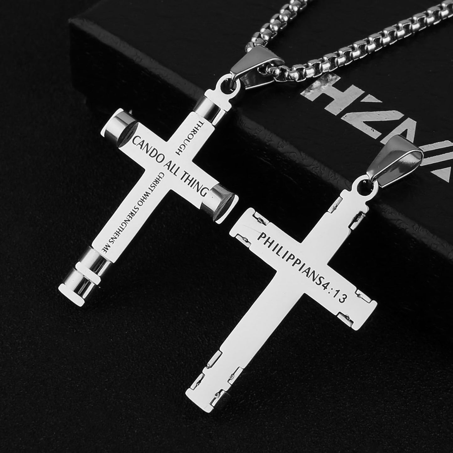 HZMAN Philippians 4:13 Cross Pendant Necklace - Strength Bible Verse in Stainless Steel, Available in Three Colors