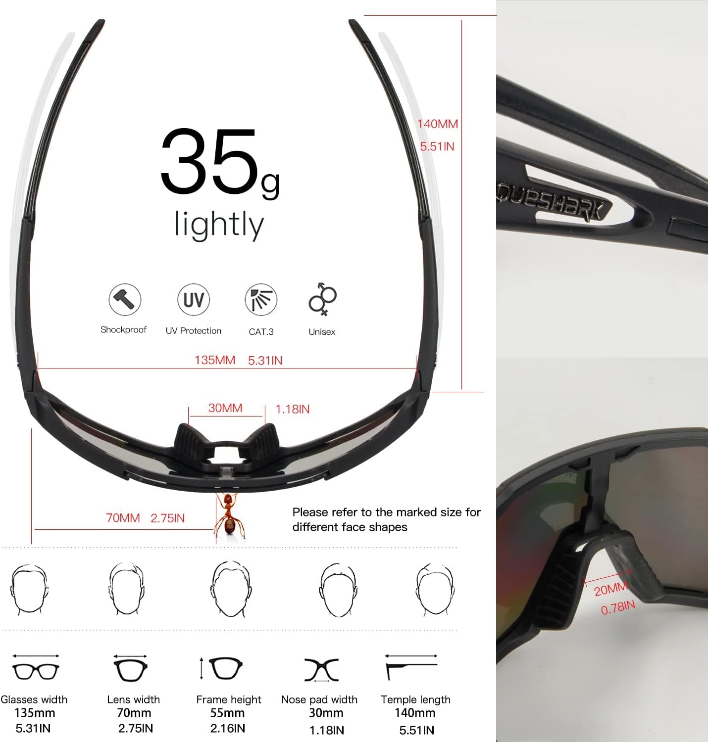 Queshark Polarized Sports Sunglasses for Men and Women, Featuring 1 Polarized and 2 HD Lenses for Cycling and Running