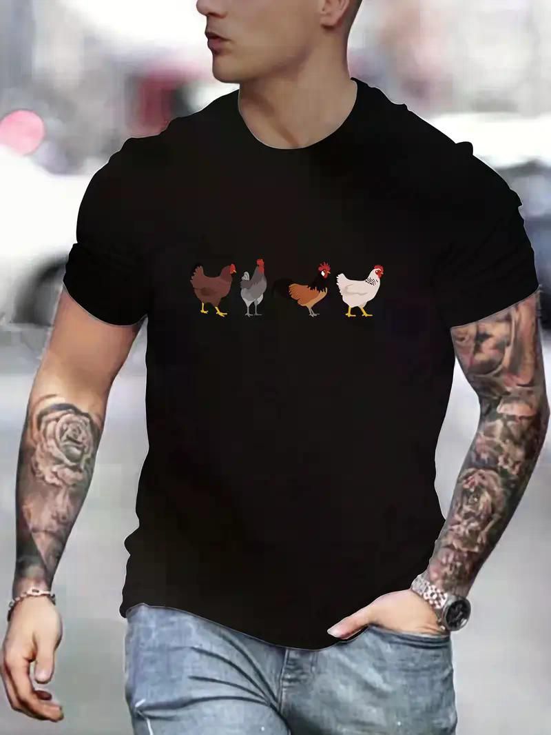1pc Chickens Print T-Shirt for Men, Cotton Crew Neck - Inside The Bars