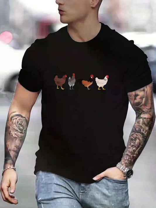 1pc Chickens Print T-Shirt for Men, Cotton Crew Neck - Inside The Bars