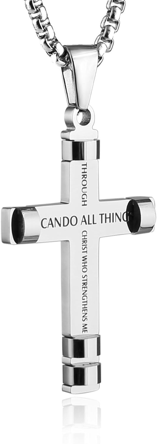 HZMAN Philippians 4:13 Cross Pendant Necklace - Strength Bible Verse in Stainless Steel, Available in Three Colors