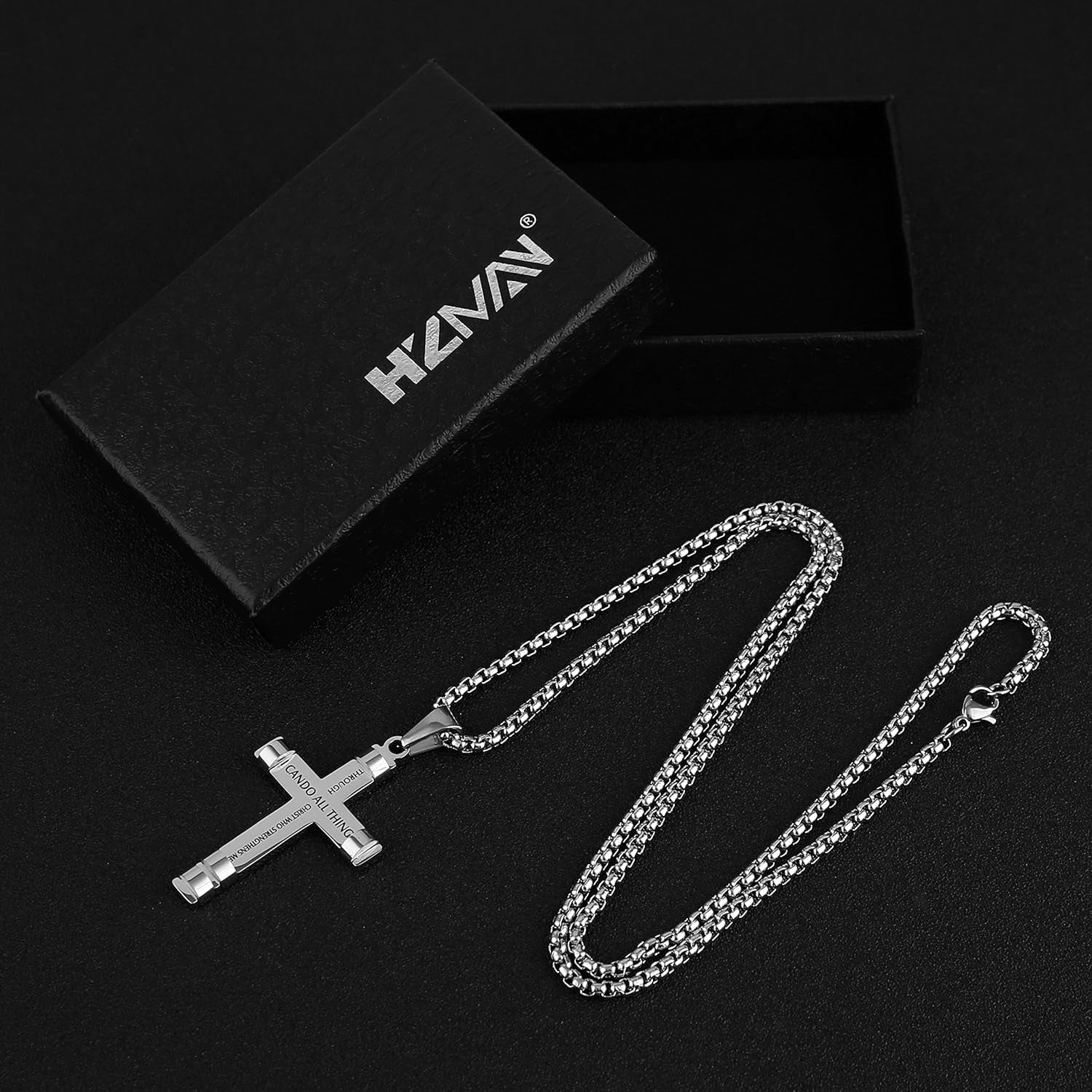 HZMAN Philippians 4:13 Cross Pendant Necklace - Strength Bible Verse in Stainless Steel, Available in Three Colors