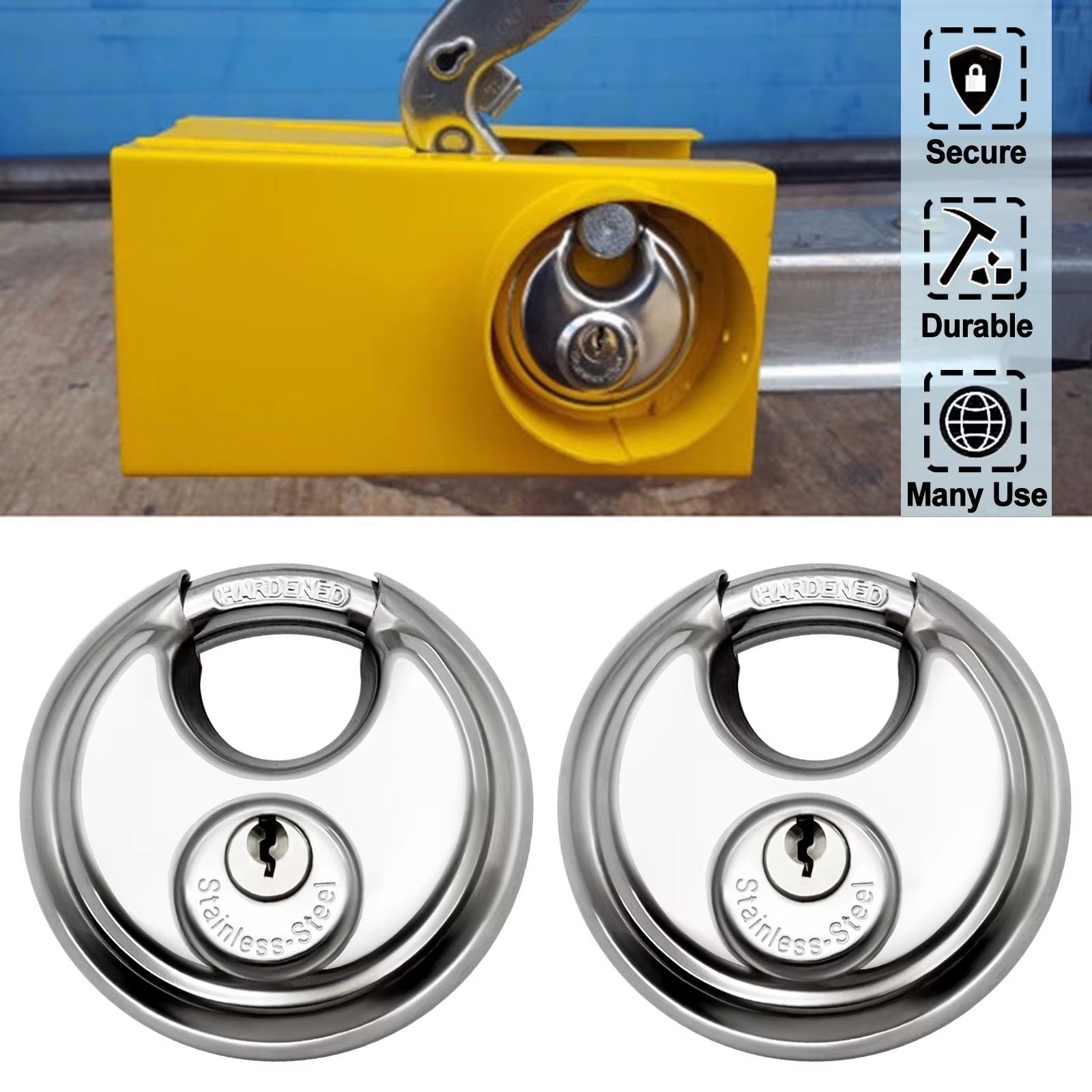 2Pcs 70Mm Disc Stainless Steel Padlock 4Keys Anti - Theft Security - Inside The Bars