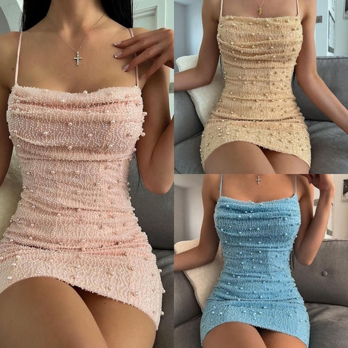 Net Red Same Party Sexy Gorgeous Pearl Suspender Dress