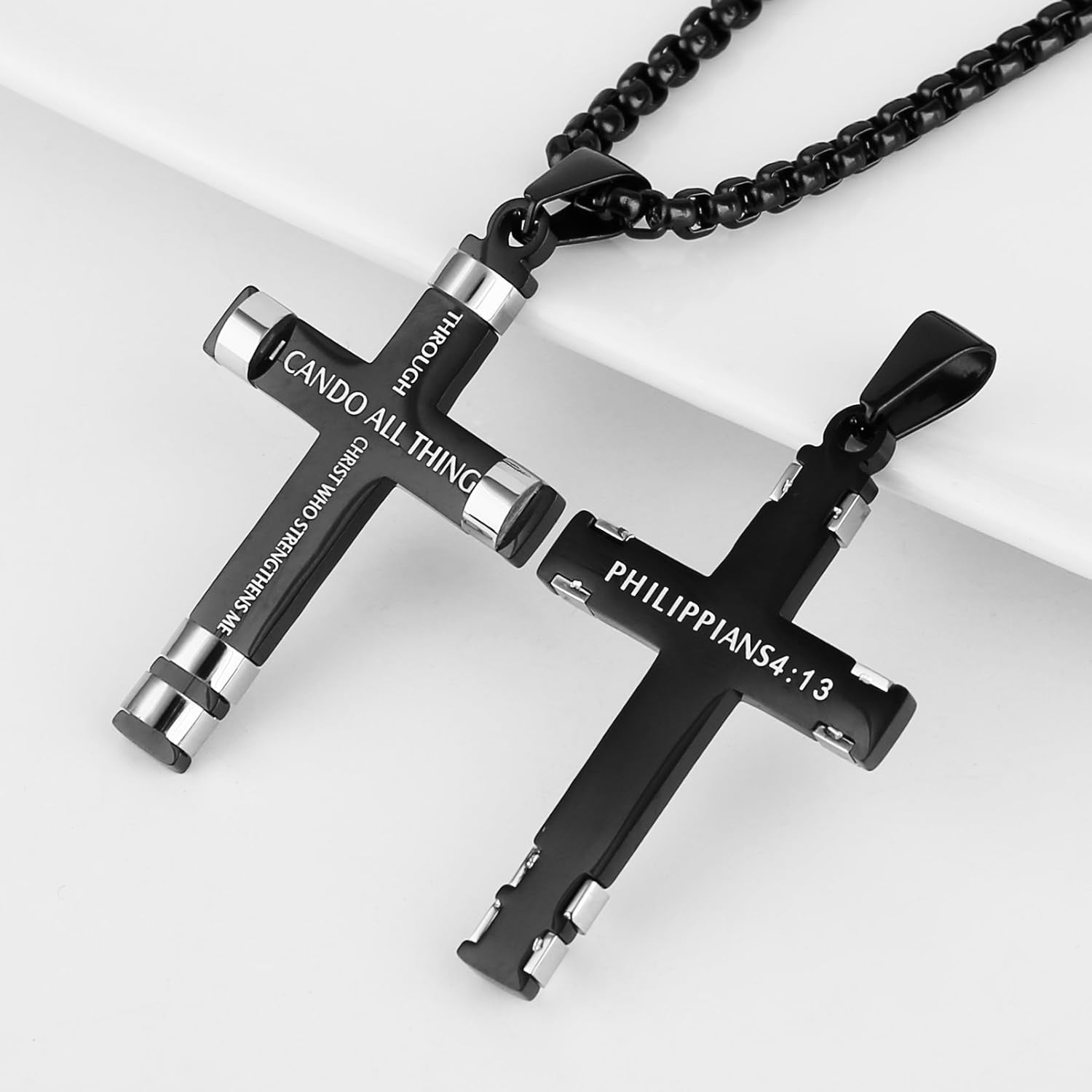 HZMAN Philippians 4:13 Cross Pendant Necklace - Strength Bible Verse in Stainless Steel, Available in Three Colors