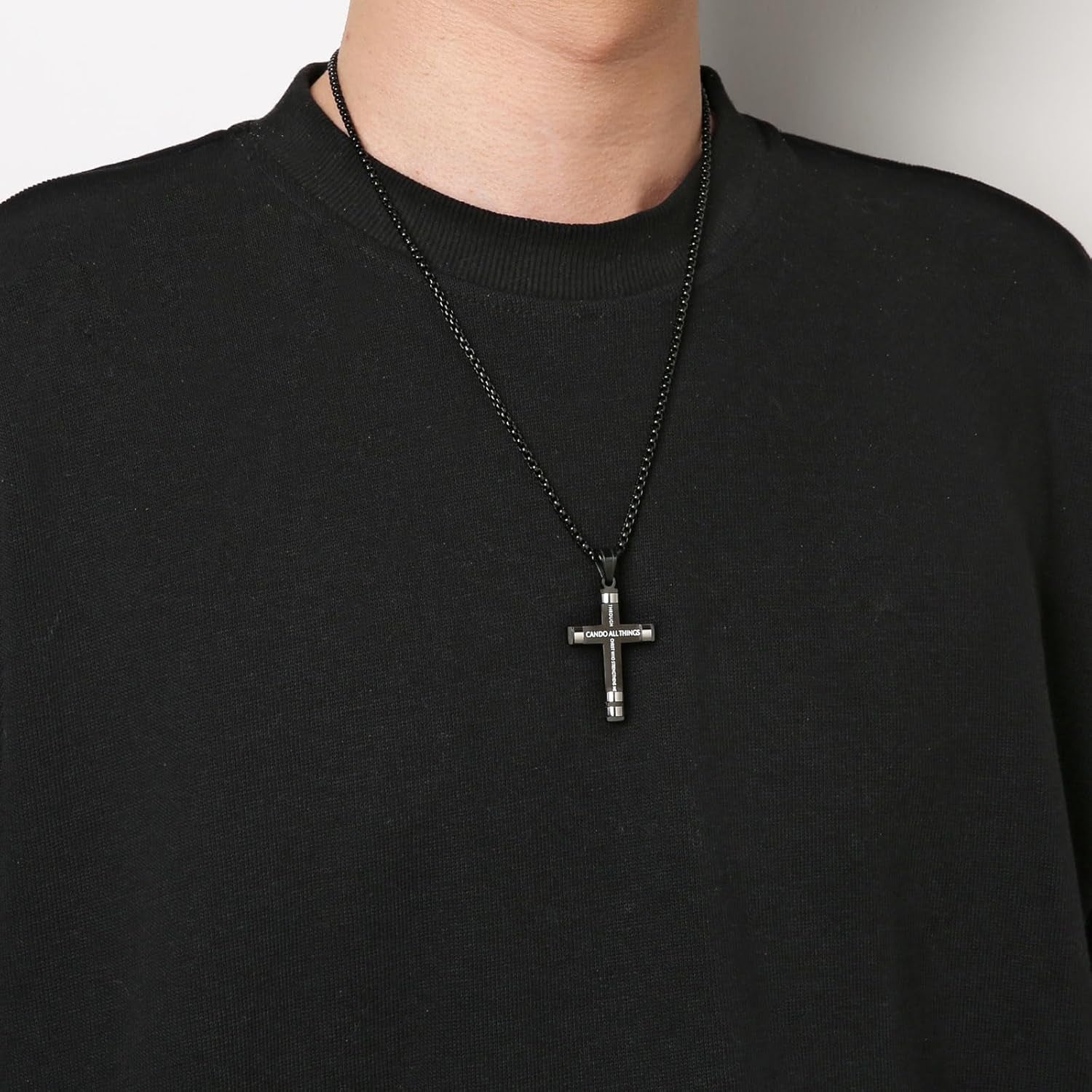 HZMAN Philippians 4:13 Cross Pendant Necklace - Strength Bible Verse in Stainless Steel, Available in Three Colors