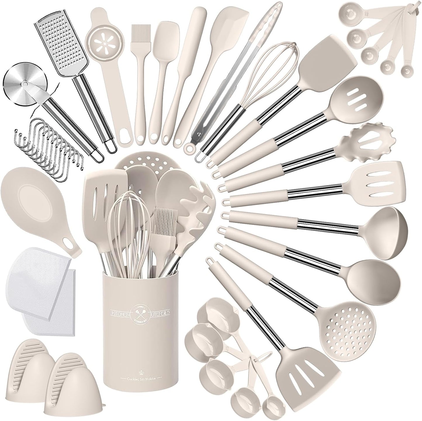 Umite Chef 43-Piece Silicone Cooking Utensil Set with Stainless Steel Handles, Non-Stick and Heat Resistant - Khaki