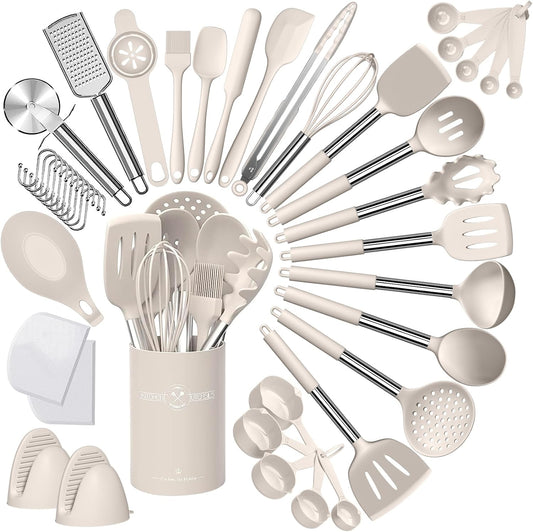 Umite Chef 43-Piece Silicone Cooking Utensil Set with Stainless Steel Handles, Non-Stick and Heat Resistant - Khaki
