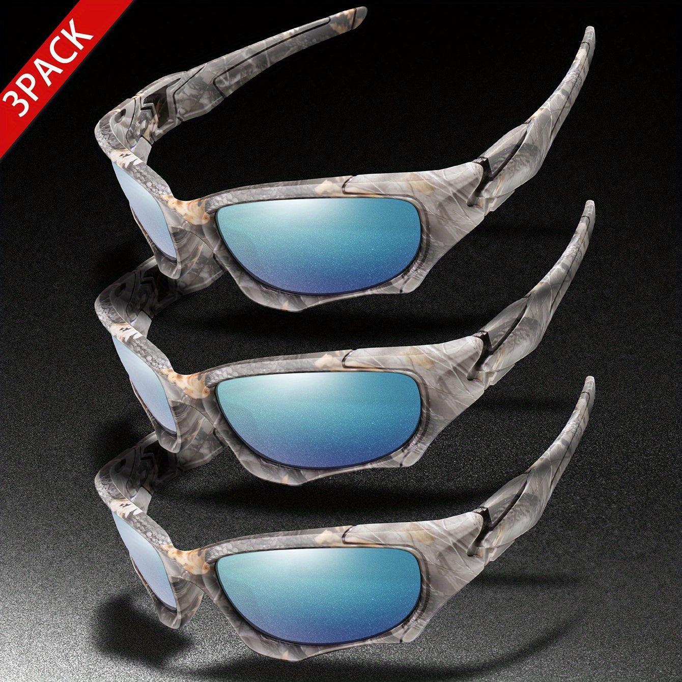 3pairs Premium Fantasy Cool Wrap Around Polarized Fashion Glasses Set, Camouflage Style, For Men Women Outdoor Sports Cycling Running Fishing Hiking Golf Supplies Photo Props - Inside The Bars
