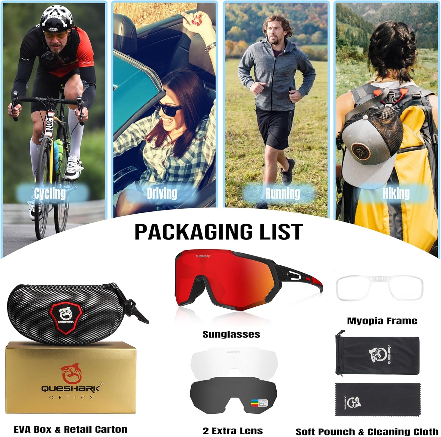 Queshark Polarized Sports Sunglasses for Men and Women, Featuring 1 Polarized and 2 HD Lenses for Cycling and Running