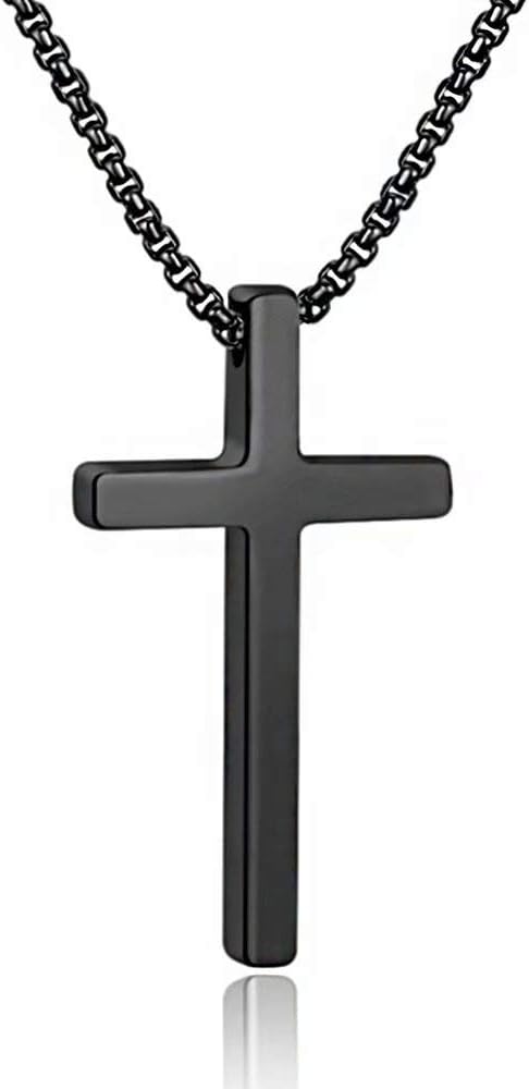 M MOOHAM Men's Cross Necklace - Stainless Steel Plain Cross Pendant with Box Chain, Available in Silver, Black, and Gold, Length 16-30 Inches