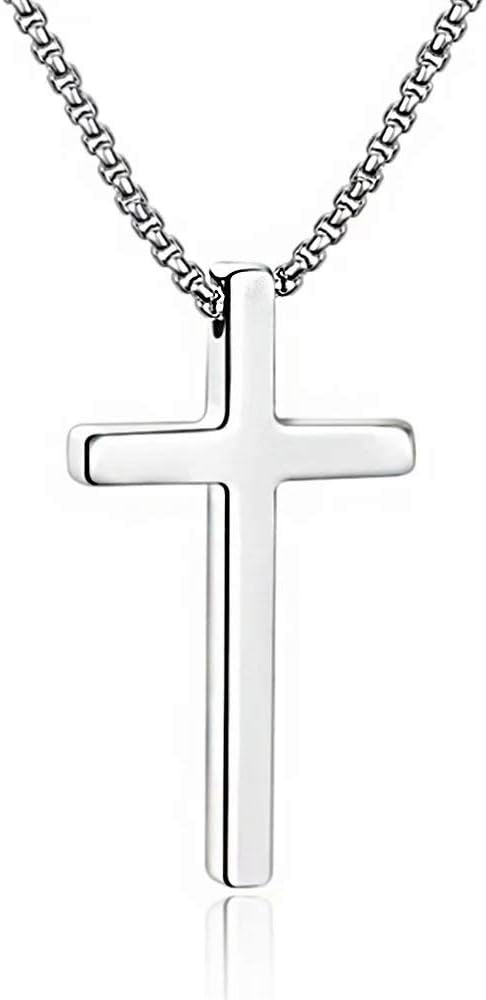 M MOOHAM Men's Cross Necklace - Stainless Steel Plain Cross Pendant with Box Chain, Available in Silver, Black, and Gold, Length 16-30 Inches