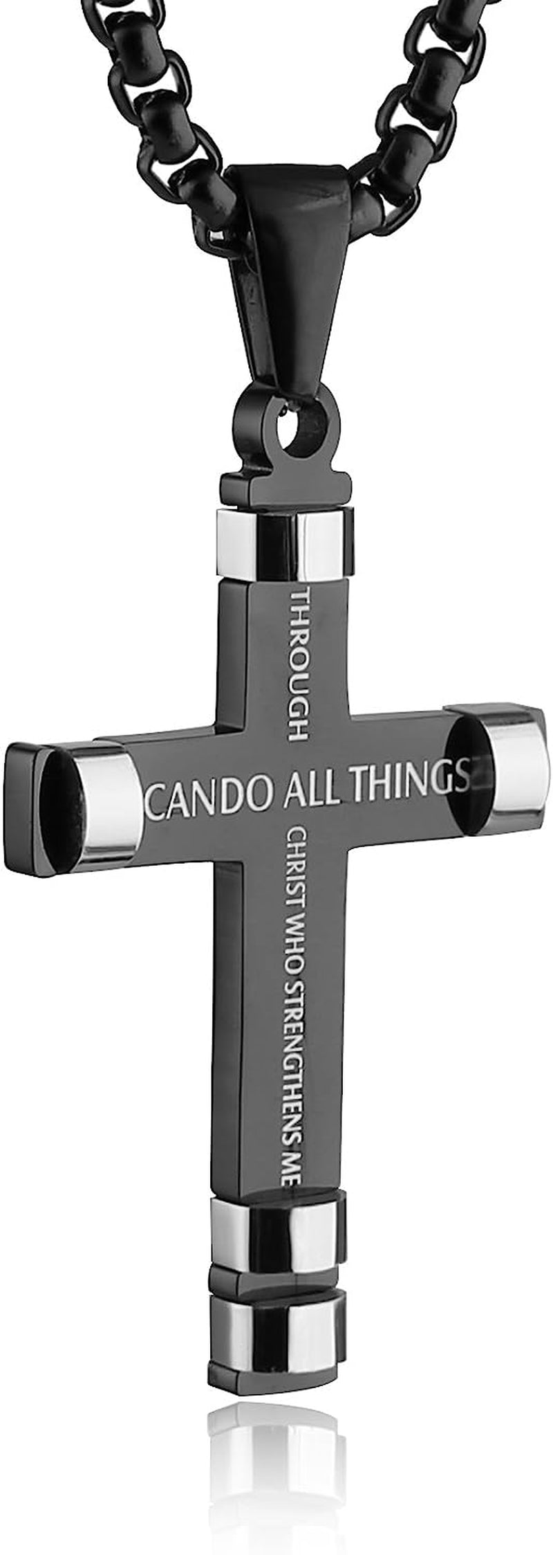 HZMAN Philippians 4:13 Cross Pendant Necklace - Strength Bible Verse in Stainless Steel, Available in Three Colors