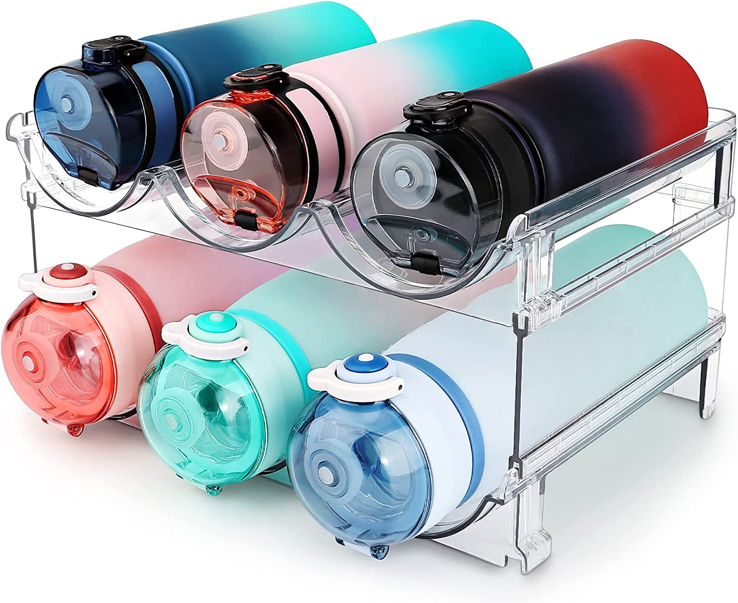 Water Bottle Storage Organizer - Set of 3 Plastic Racks for Cabinet, Fridge, and Desktop