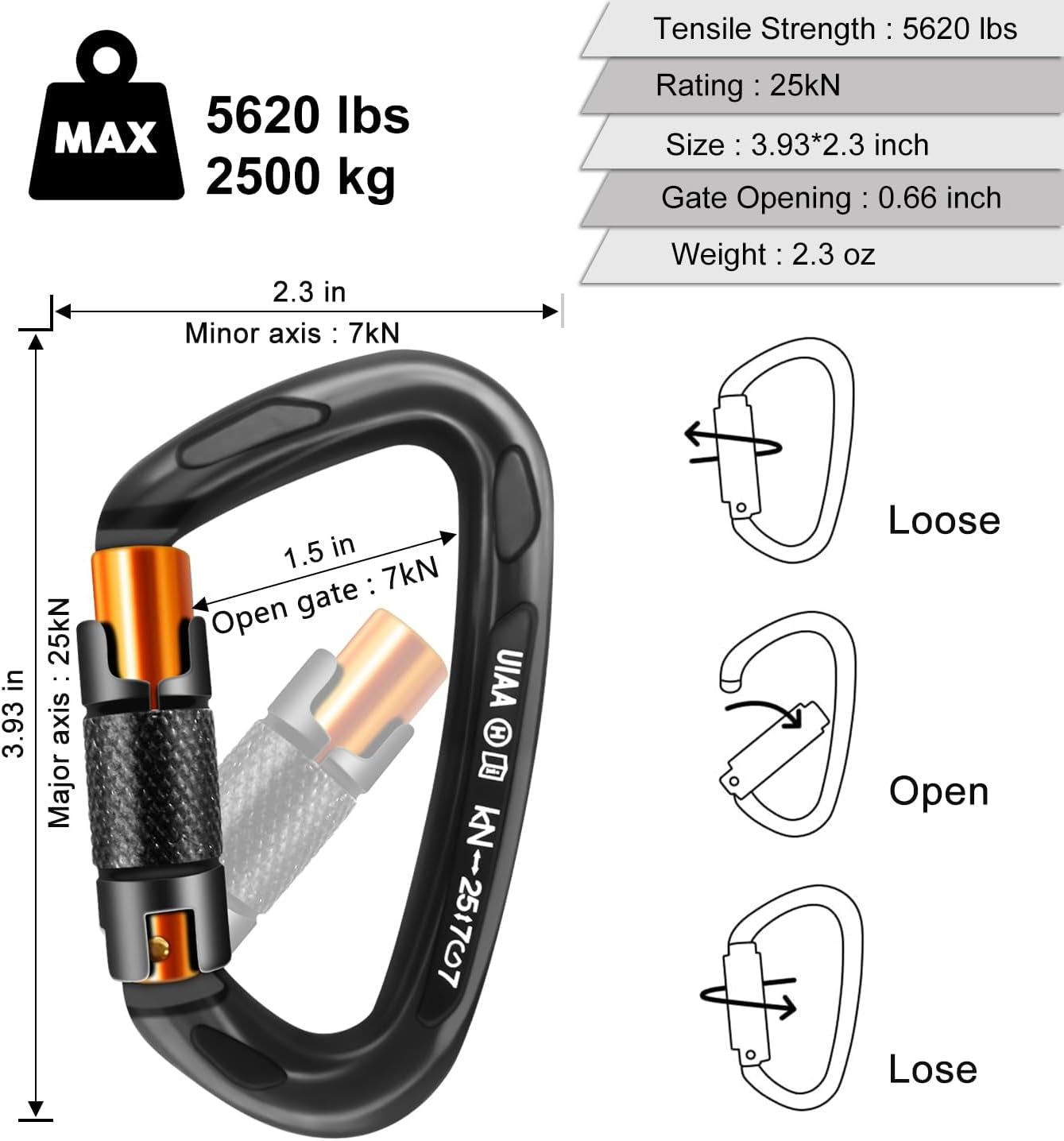 25kN Auto-Locking D-Shaped Carabiner Clips - Heavy Duty Large Locking Carabiners for Rock and Ice Climbing, Rappelling, Rescue, and Swinging Activities