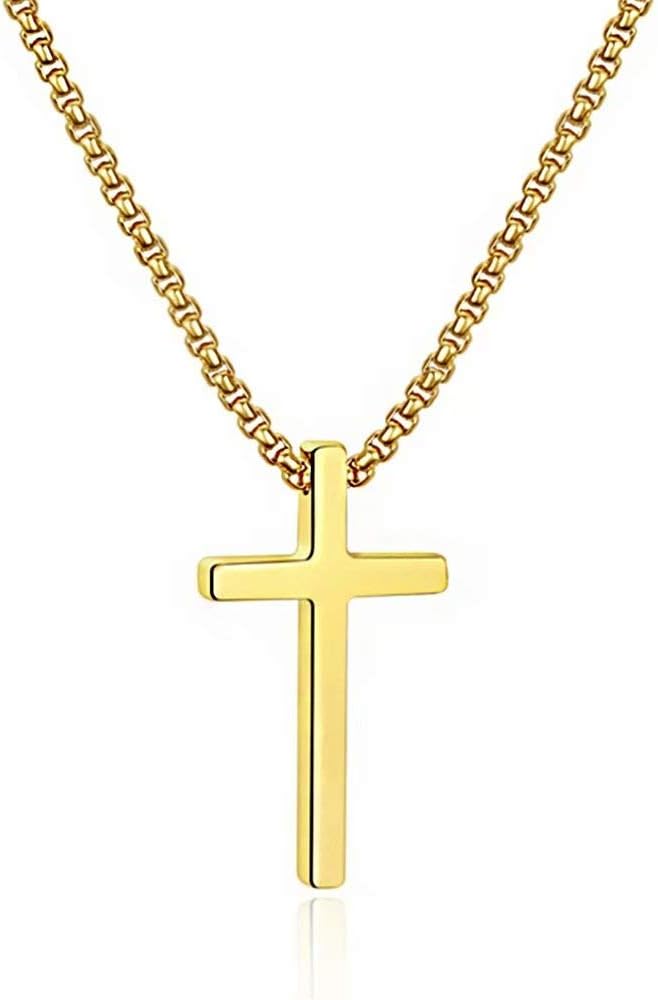 M MOOHAM Men's Cross Necklace - Stainless Steel Plain Cross Pendant with Box Chain, Available in Silver, Black, and Gold, Length 16-30 Inches