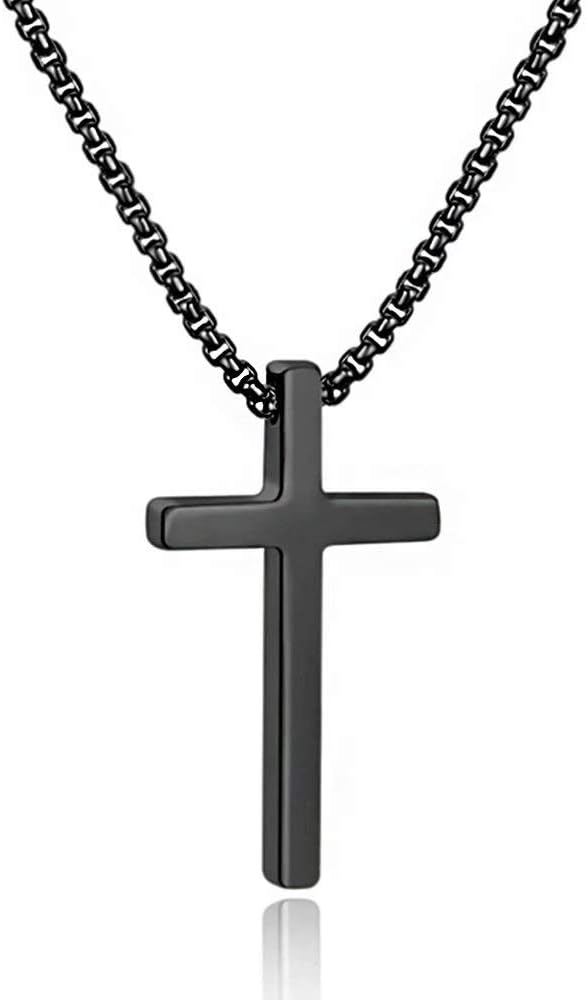 M MOOHAM Men's Cross Necklace - Stainless Steel Plain Cross Pendant with Box Chain, Available in Silver, Black, and Gold, Length 16-30 Inches