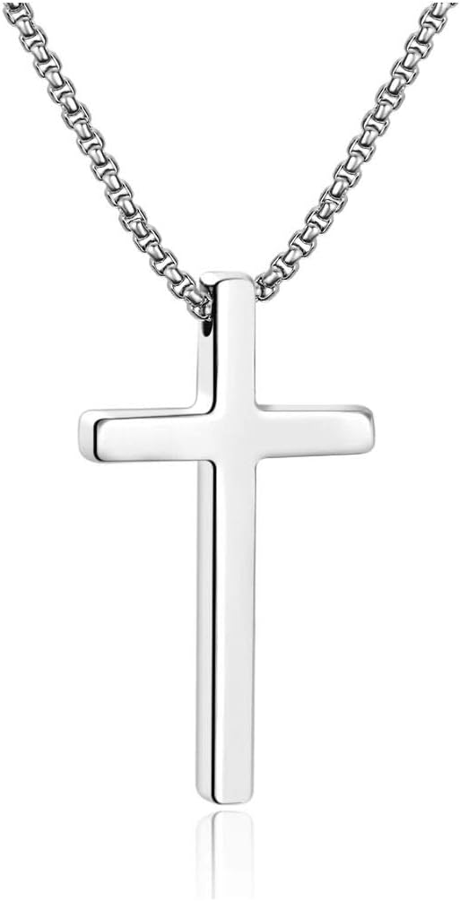 M MOOHAM Men's Cross Necklace - Stainless Steel Plain Cross Pendant with Box Chain, Available in Silver, Black, and Gold, Length 16-30 Inches